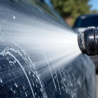 高圧洗浄機で車両を洗浄する様子